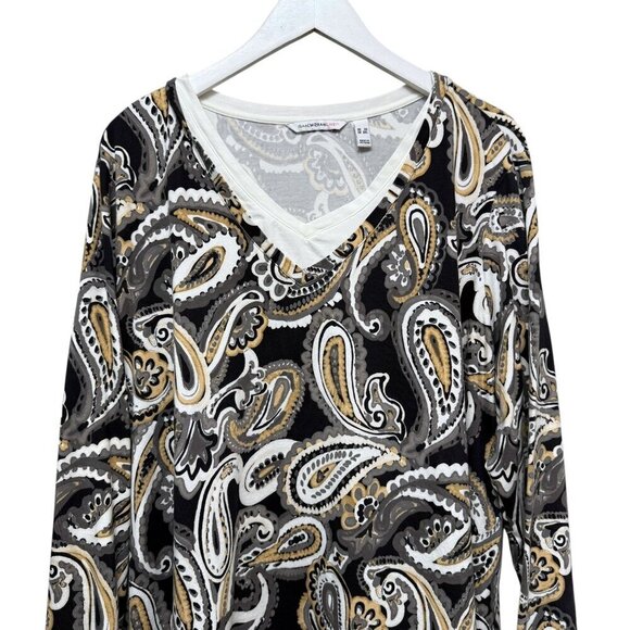 ISAAC MIZRAHI Live Womens Top Plus Size 3X Layered Look Tee Black Beige Paisley - Picture 2 of 9